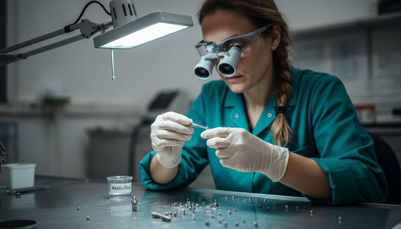 Technician inspecting titanium dental implant