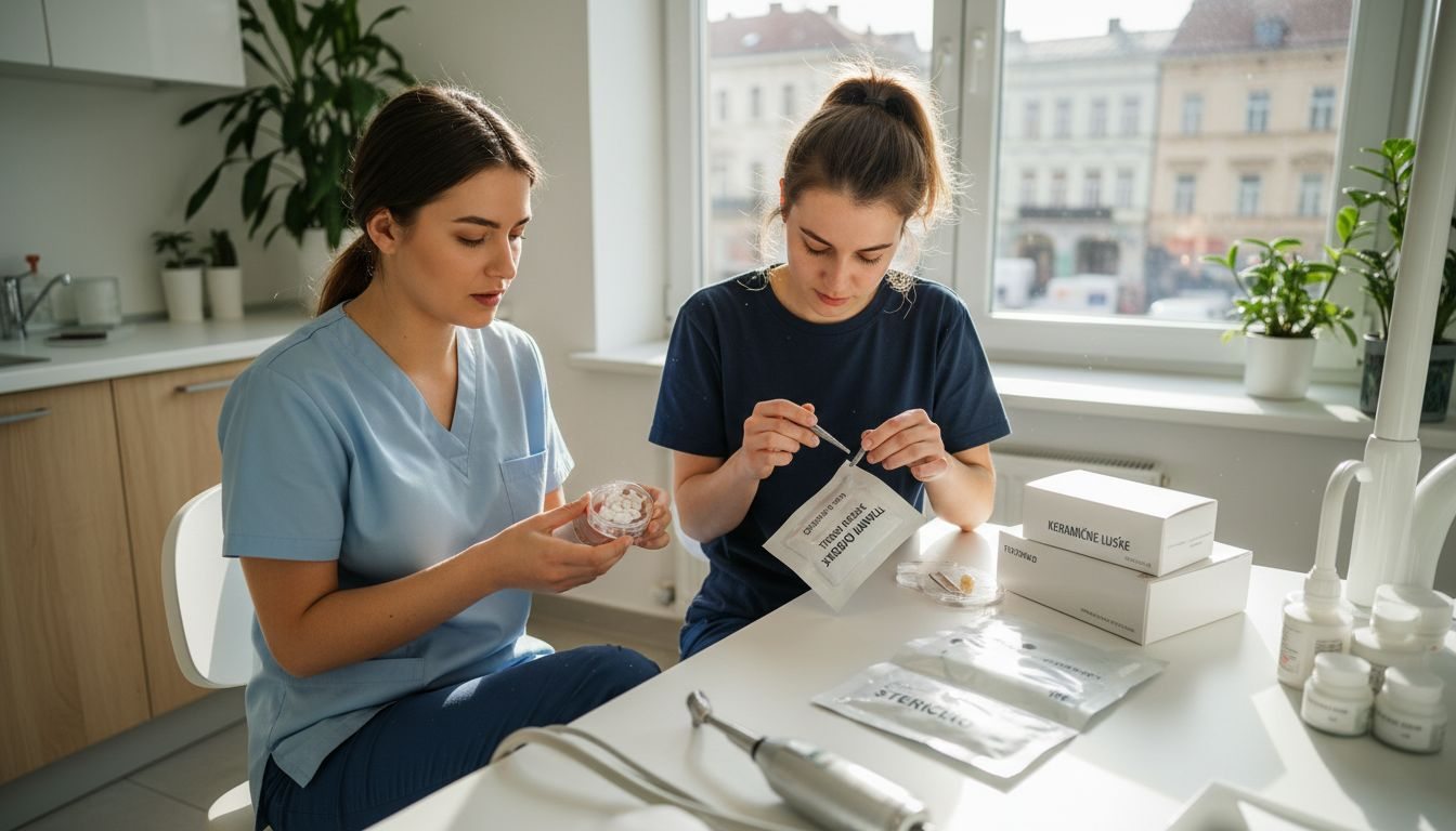 Zobni asistentje skrbno pripravljajo materiale za namestitev zobnih luskin in implantatov.