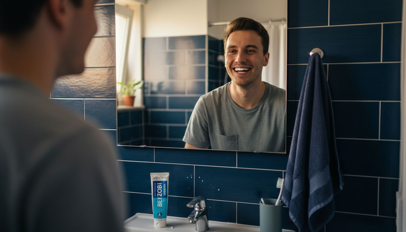 Moški se z nasmeškom občuduje svoje bolj bele zobe v ogledalu.