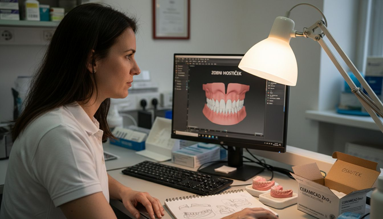 Zobotehnik v laboratoriju natančno oblikuje zobni mostiček.