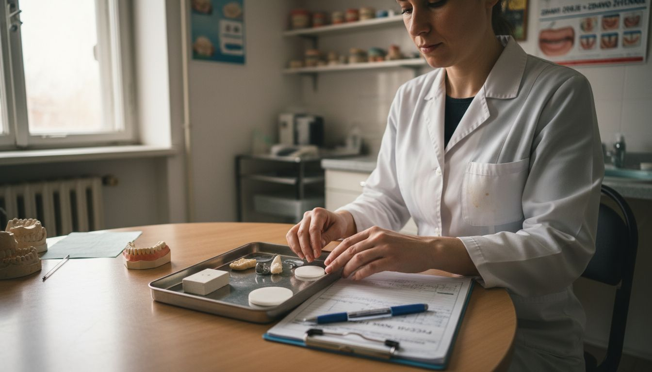 Zobozdravnik primerja različne materiale za zobno oskrbo in izbira najprimernejšega za pacienta.