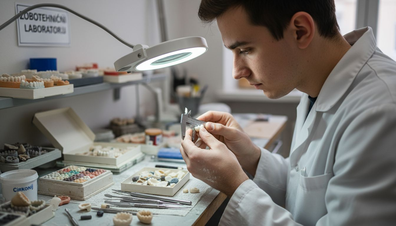 Zobni tehnik natančno pregleduje cirkonijevo krono, da se prepriča o njeni kakovosti in natančnosti izdelave.