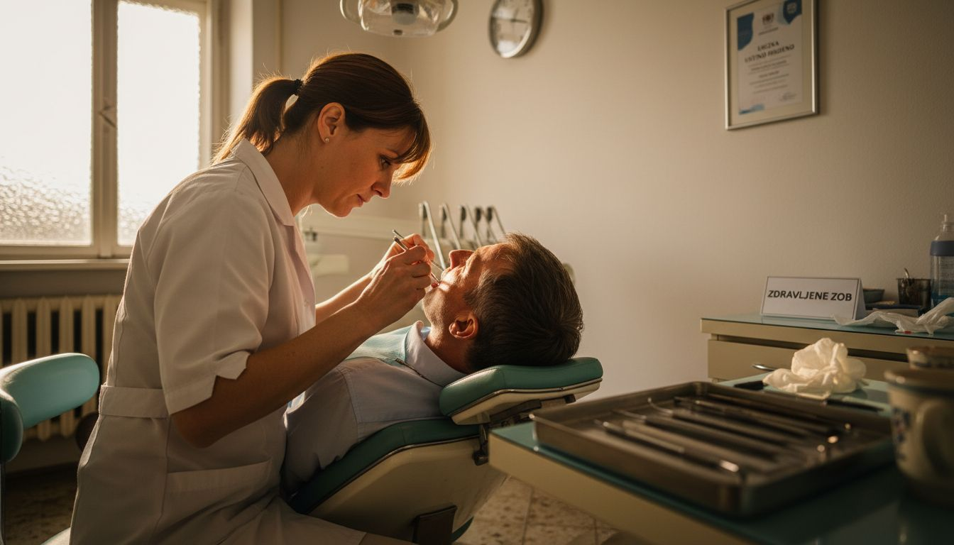 Zobna higieničarka pregleda stanje zob in dlesni pri pacientu.