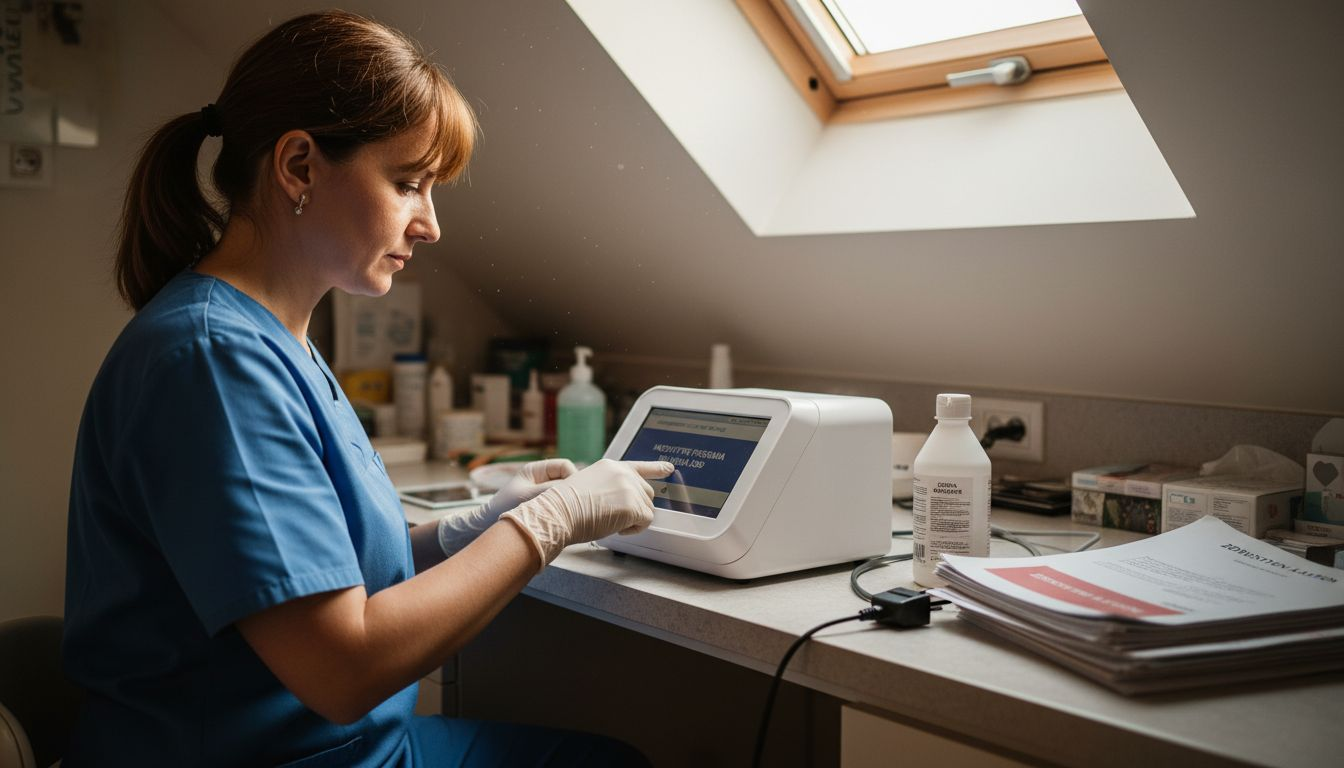 Strokovnjak pripravlja napravo za beljenje zob z LED svetlobo.