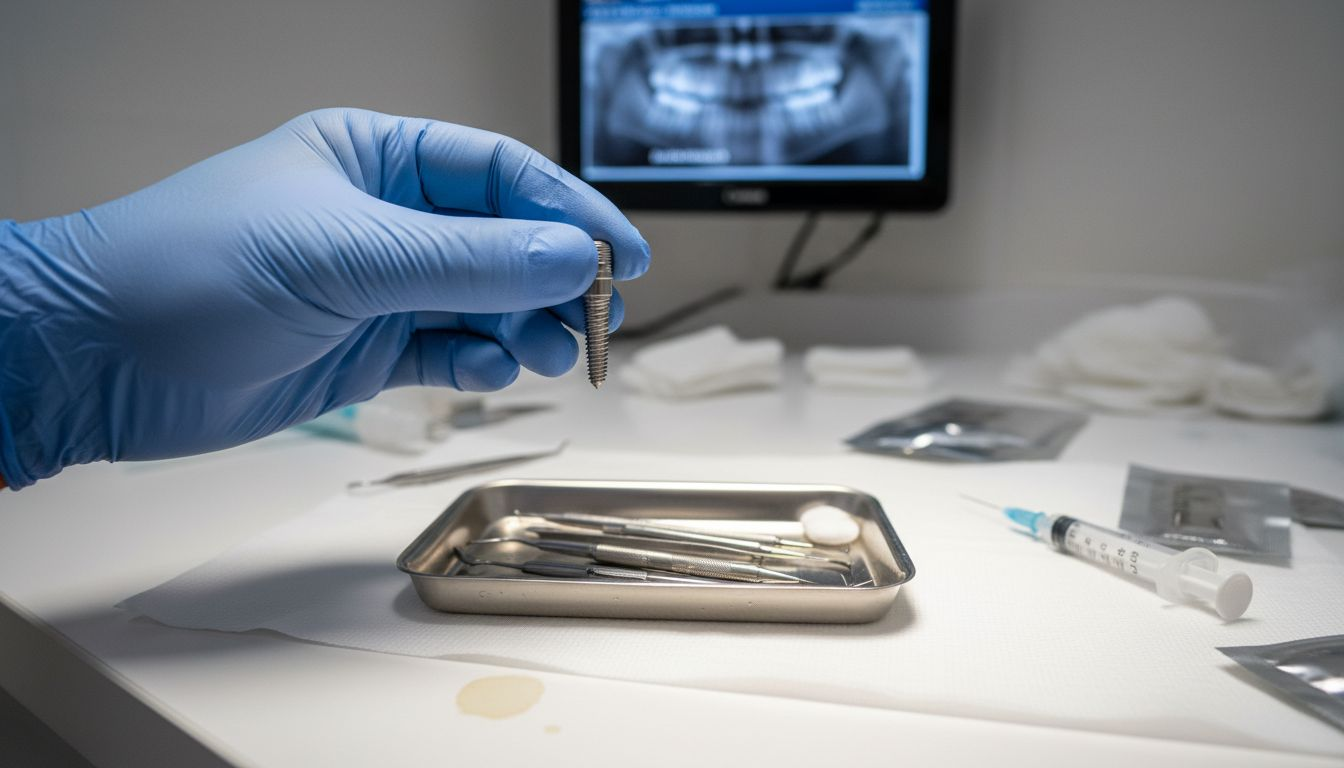 Zobni implantat iz titana, ki ga zobozdravnik drži v rokavicah.