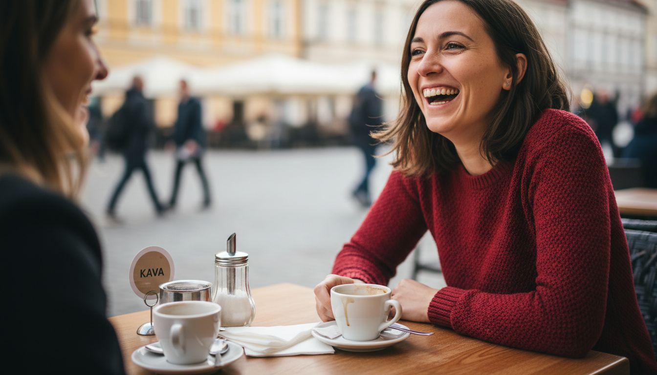 Nasmejana ženska samozavestno sedi za kavarniško mizo.