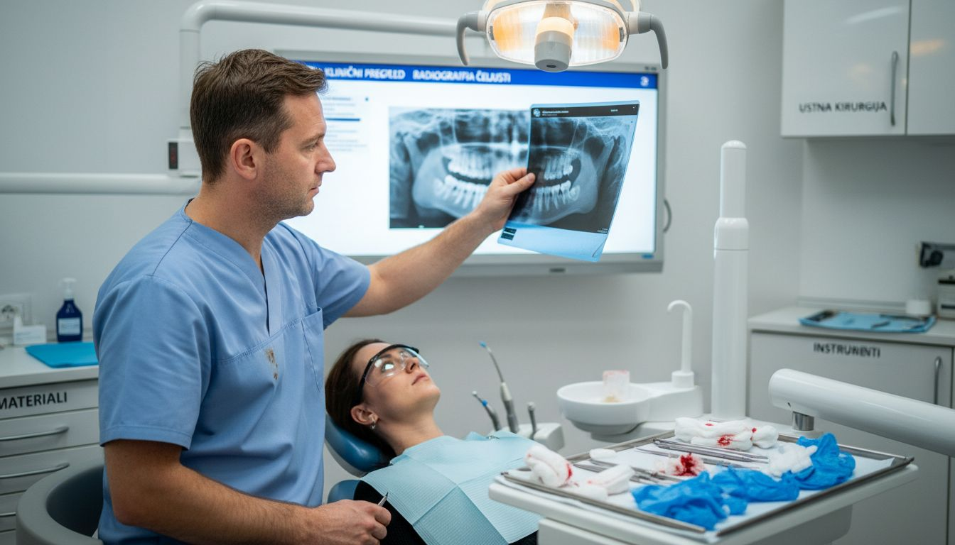 Ustni kirurg si natančno ogleduje zobno rentgensko sliko.