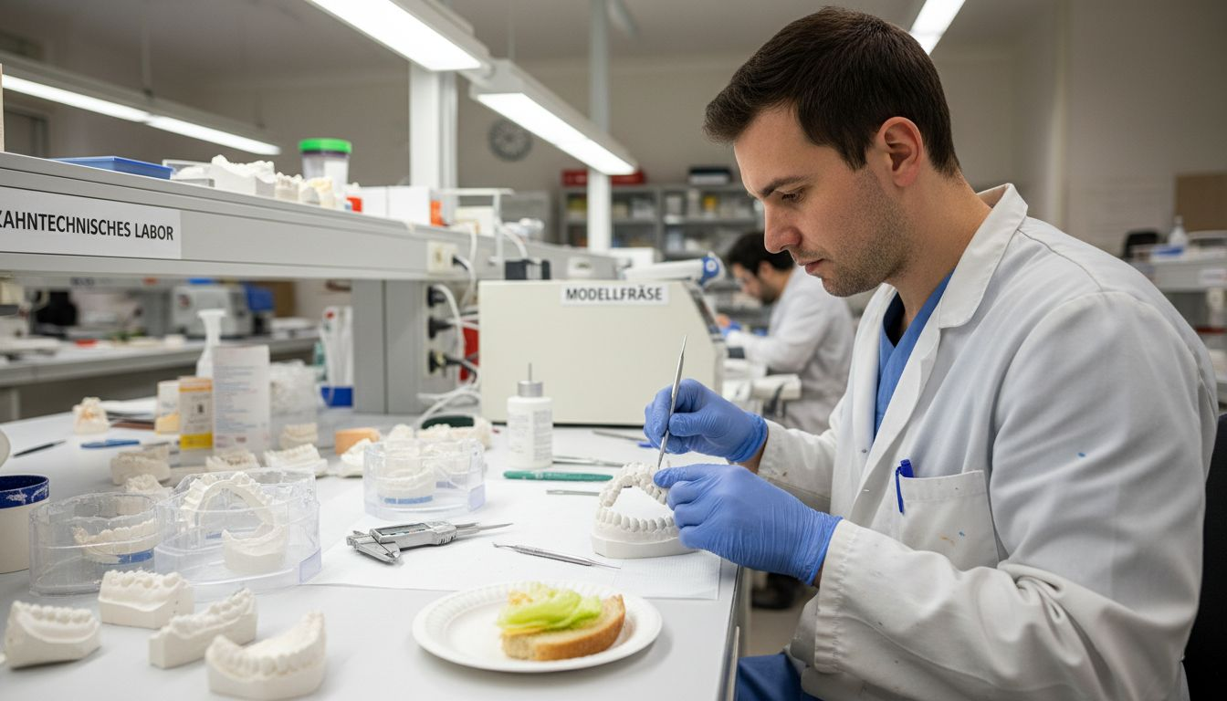 Ein Zahntechniker fertigt ein Modell für eine Brückenversorgung an.