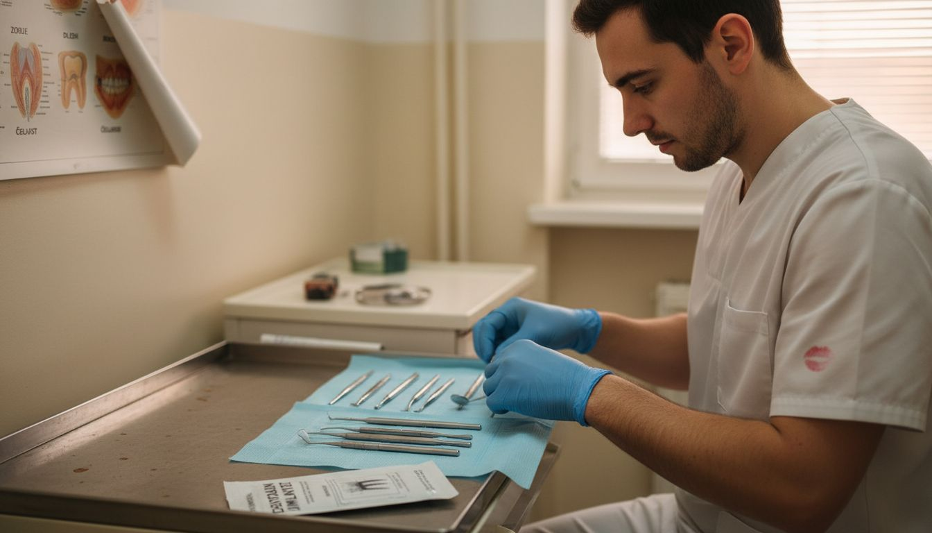 Zobozdravstvena asistentka pripravlja instrumente za oralni kirurški poseg.