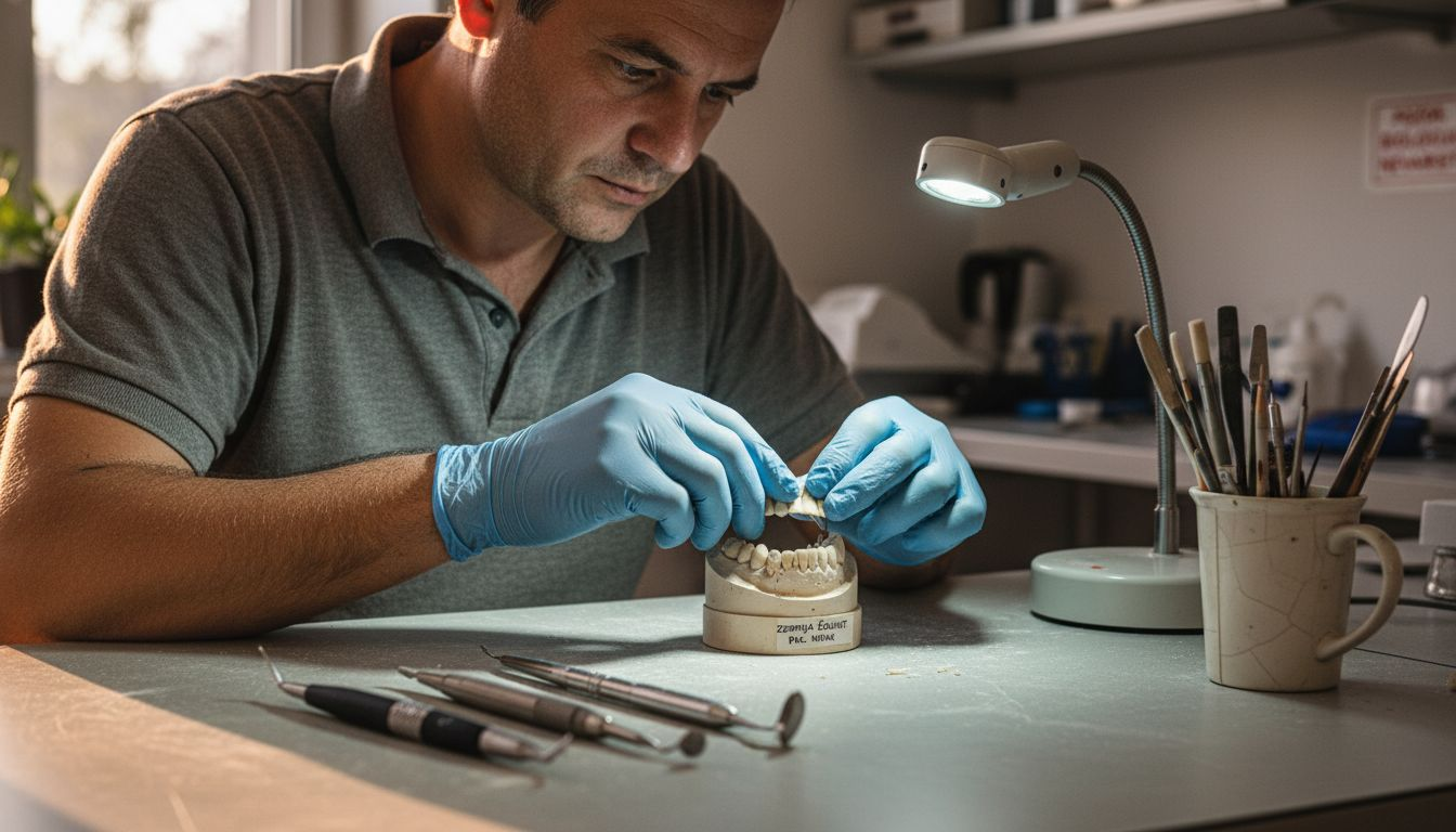 Zobni tehnik natančno namešča model zobnega vsadka.