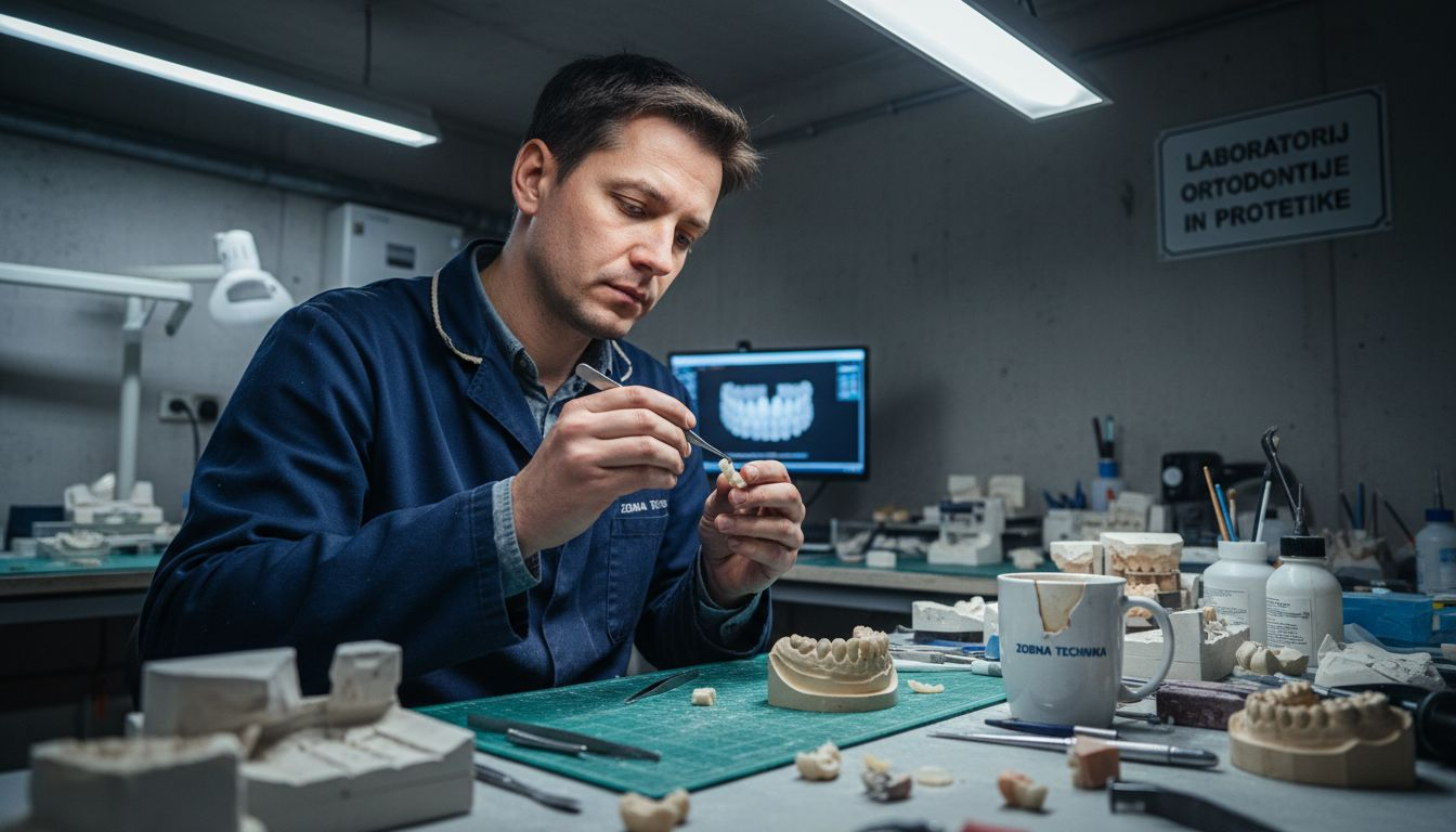 Zobotehnik izdeluje zobni mostiček.