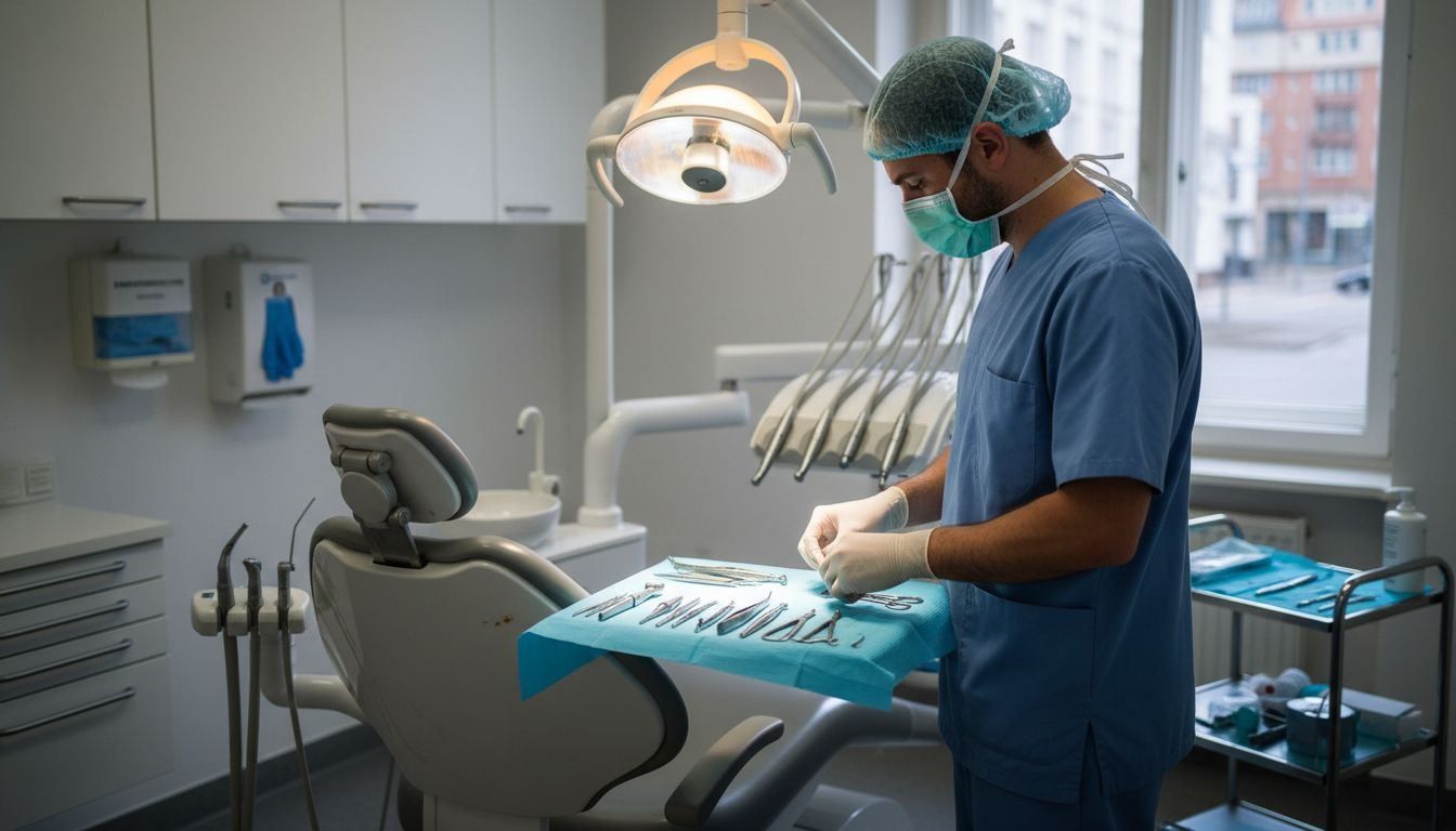 Der Zahnarzt bereitet sich auf eine All-on-4 Implantat-Behandlung vor.