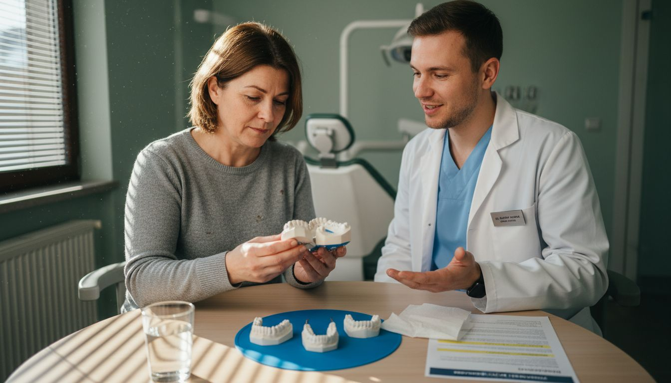 Pacient skupaj z zobozdravnikom pregleduje različne modele zobnih protez in se pogovarja o najboljših možnostih za svoj nasmeh.