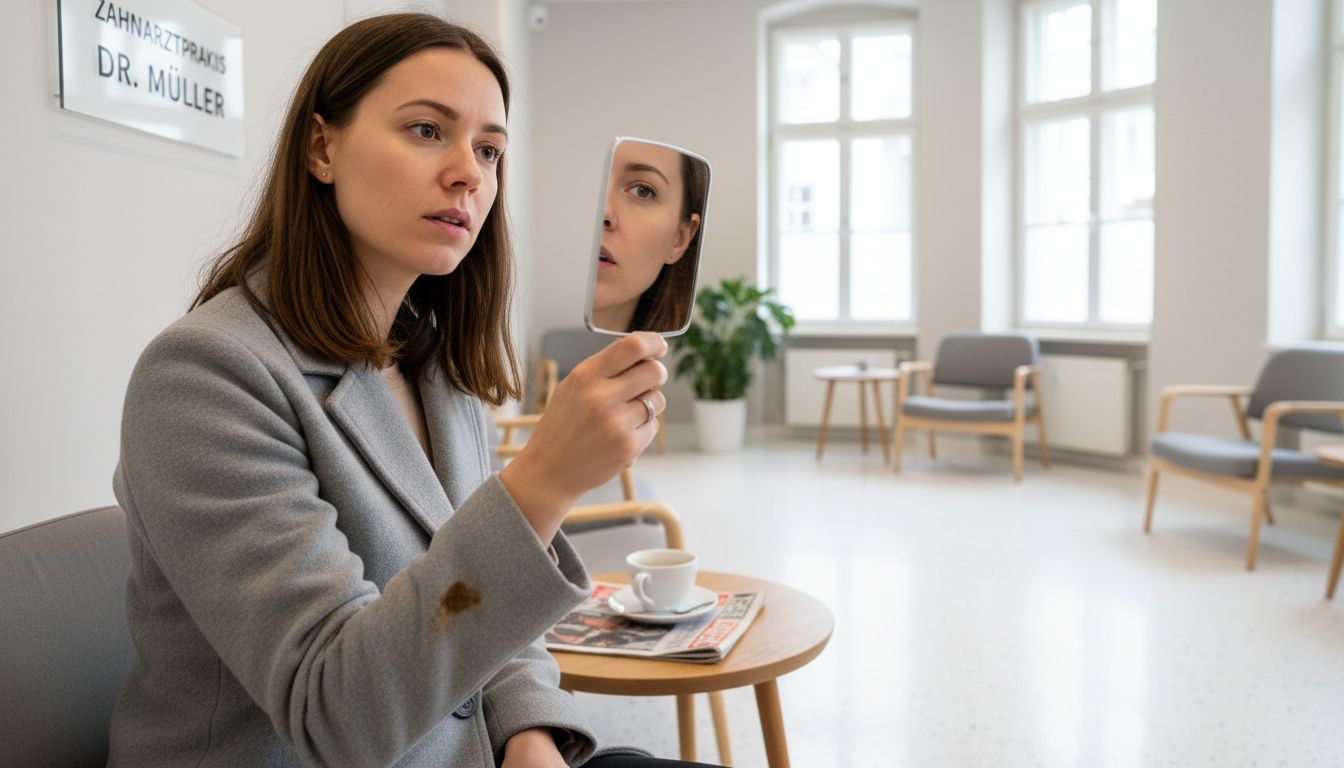 Eine Frau begutachtet ihre neuen Keramikimplantate vor dem Spiegel und lächelt zufrieden.