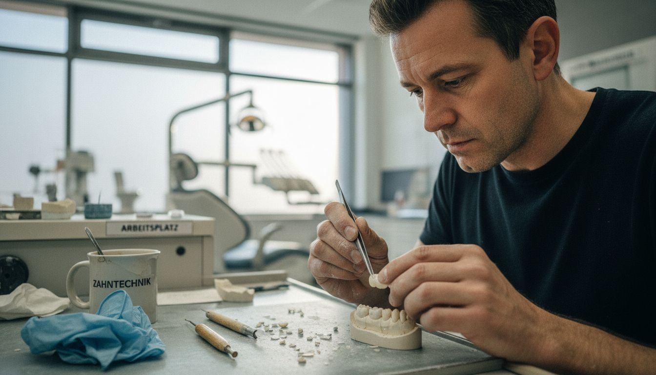 Ein Zahntechniker fertigt derzeit individuell angepasste Keramikveneers an.