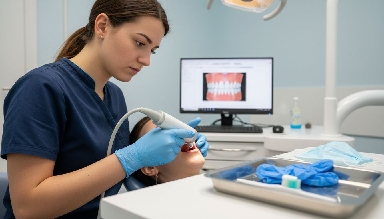 Asistentka pacientu opravlja 3D zobni sken.