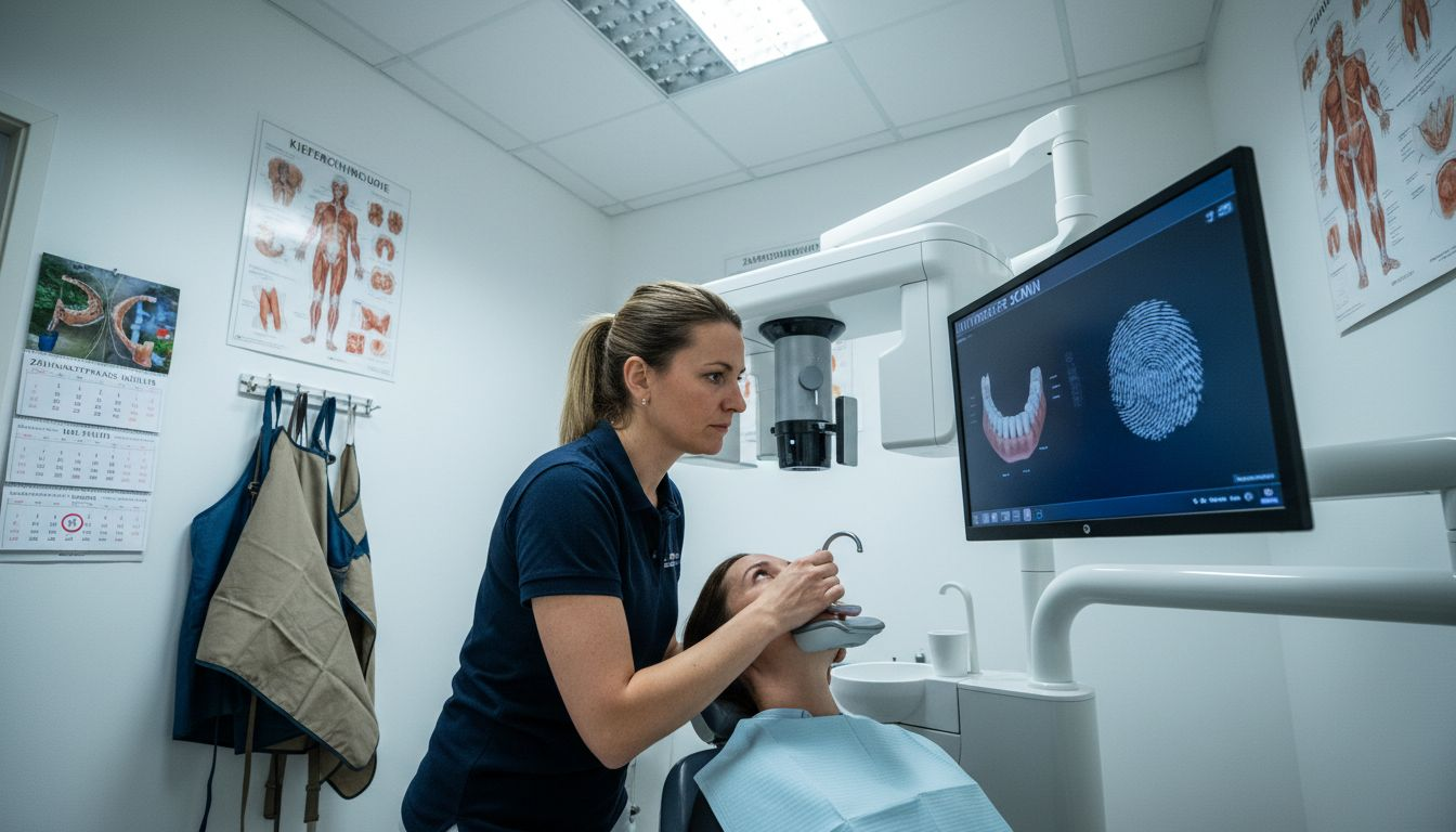 Ein Techniker arbeitet mit einem modernen 3D-Röntgengerät zur Kieferdarstellung.