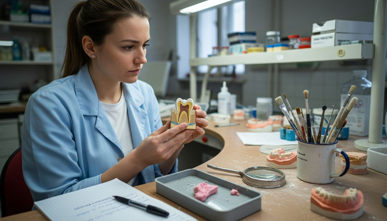 Strokovnjak podrobno pregleduje model zobne strukture.