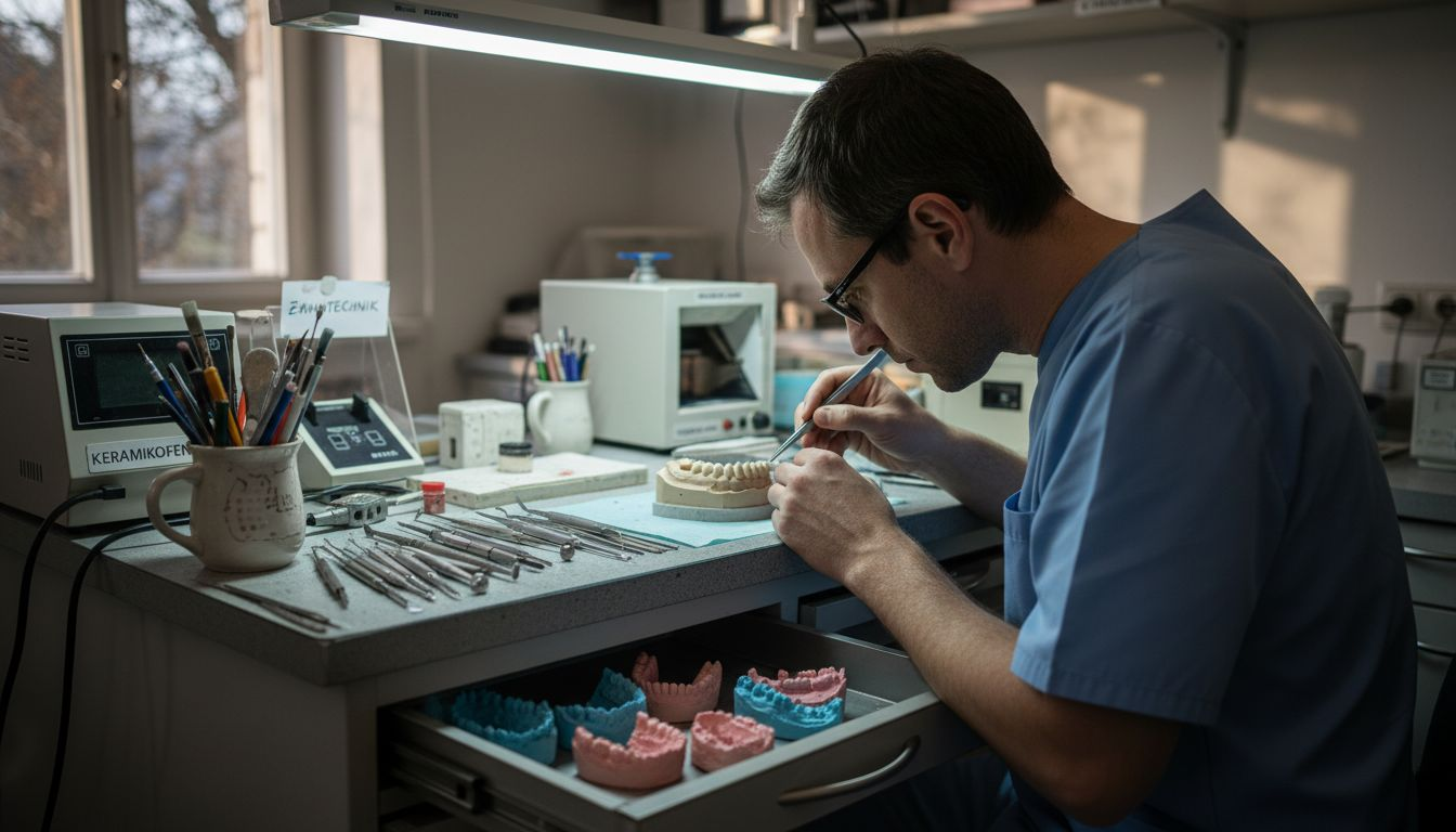 Ein Zahntechniker fertigt Kronen und Brücken an.