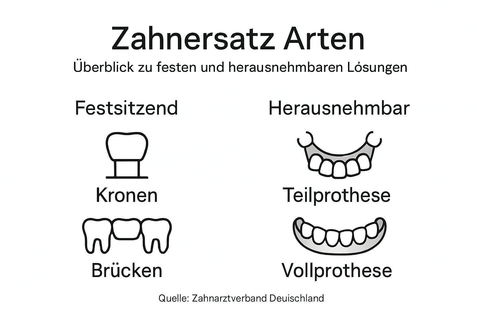 In dieser Übersicht werden die verschiedenen Formen von Zahnersatz anschaulich dargestellt.