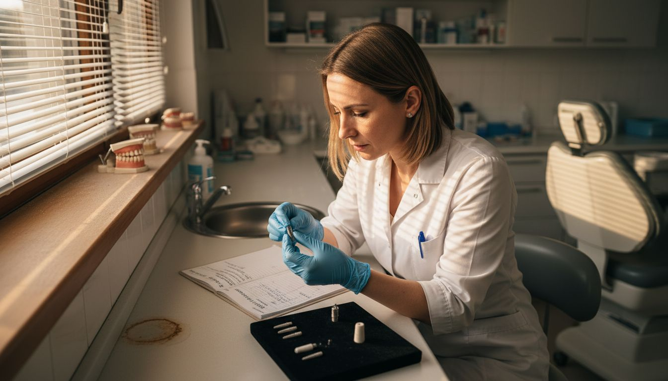 Strokovnjak za zobozdravstvo pregleduje materiale za zobne vsadke.