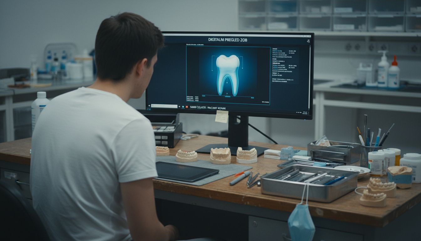 V laboratoriju strokovnjak natančno pregleduje digitalni posnetek zob.