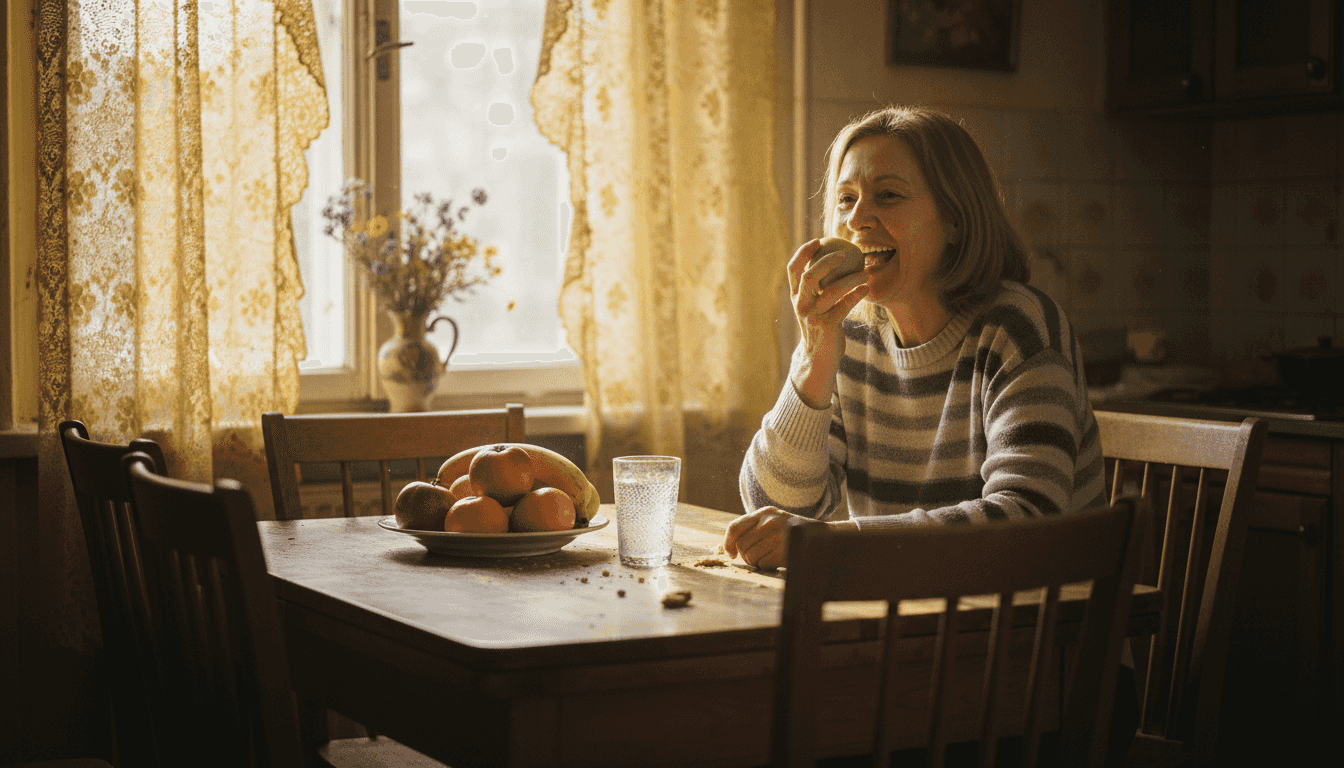 Ženska z novim implantatom samozavestno uživa v obroku.