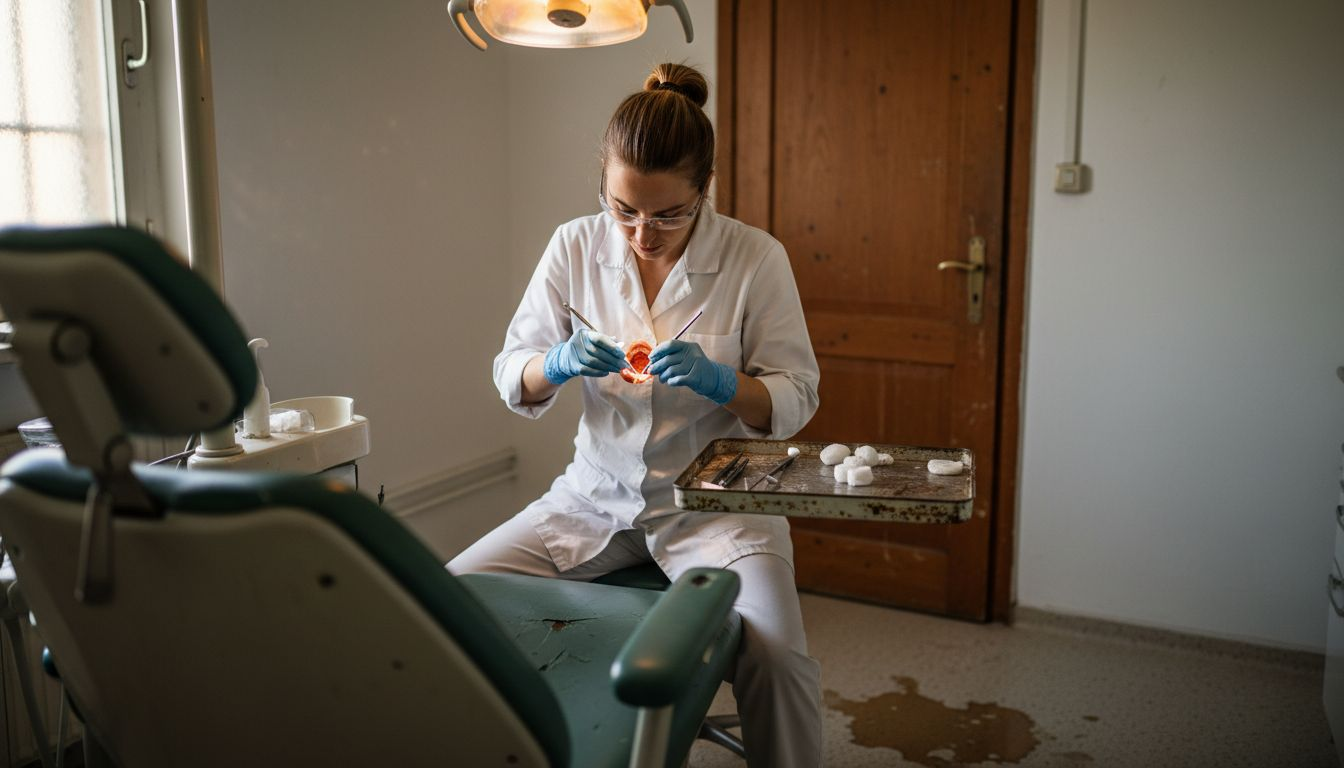 Die Zahnärztin bereitet die Zähne für das Einsetzen einer Brücke vor.