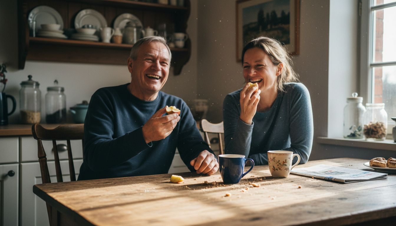 Ein älterer Mensch genießt endlich wieder unbeschwertes Essen dank seiner neuen Zahnimplantate.