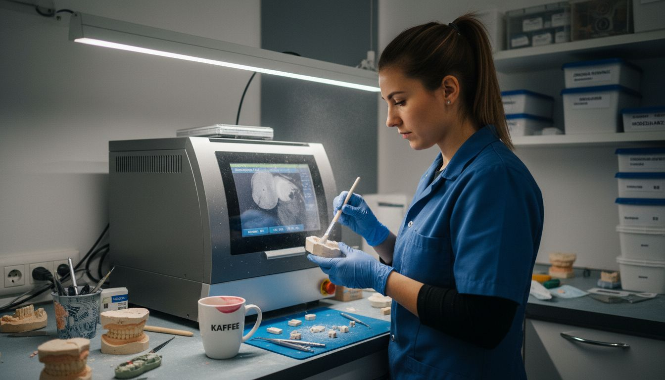 Ein Zahntechniker arbeitet im Labor an einer modernen Fräsmaschine.