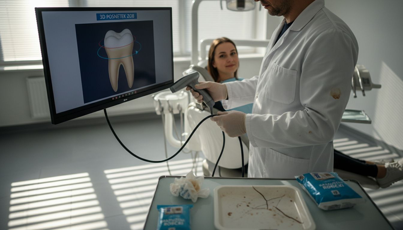 Zobozdravnik med posegom uporablja sodobno digitalno napravo za skeniranje zob.