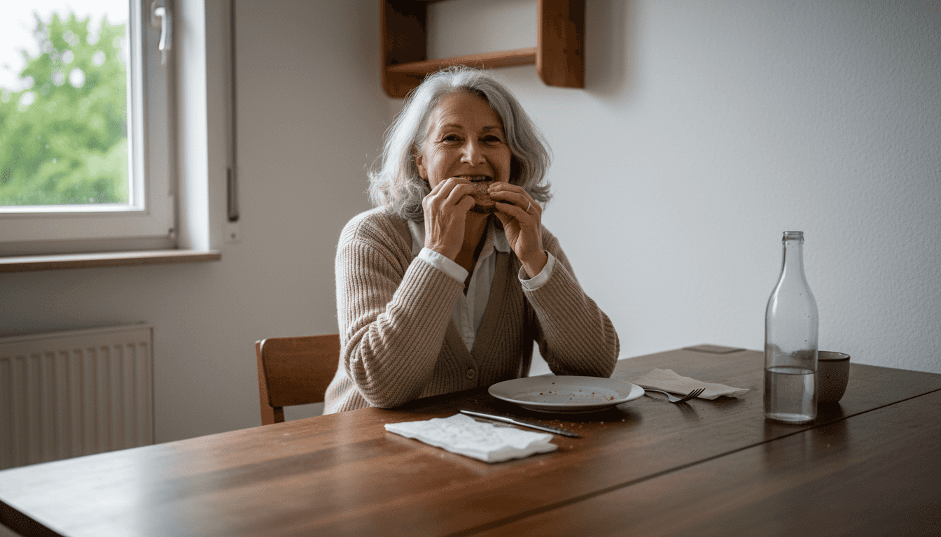 Eine Frau mit Zahnprothese genießt ihr Mittagessen.