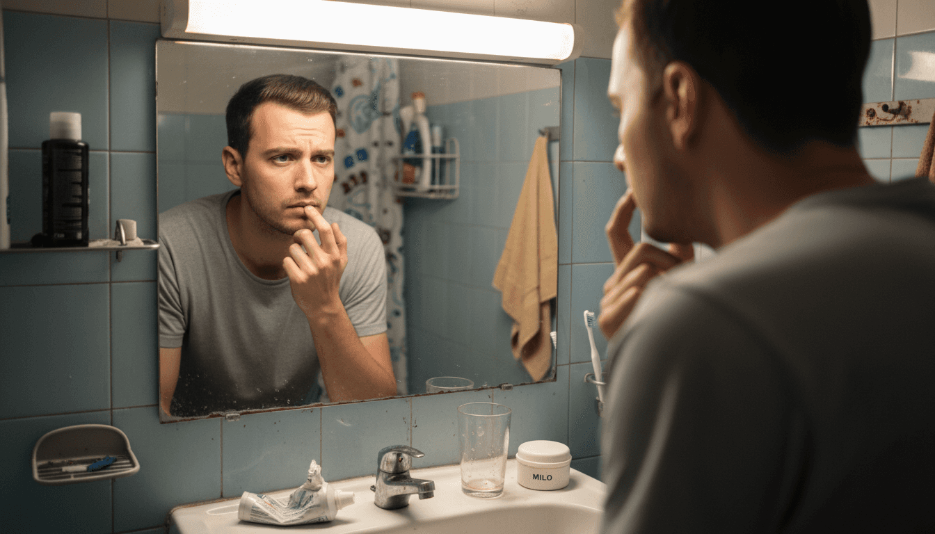 Moški si v kopalnici pred ogledalom pregleduje zobe.