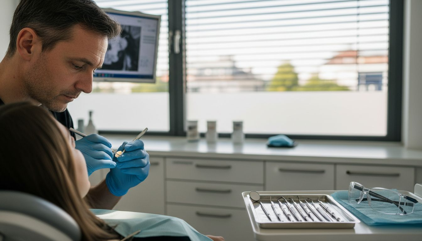 Ein Zahnarzt bringt einem Patienten eine Veneer-Schale auf dem Zahn an.