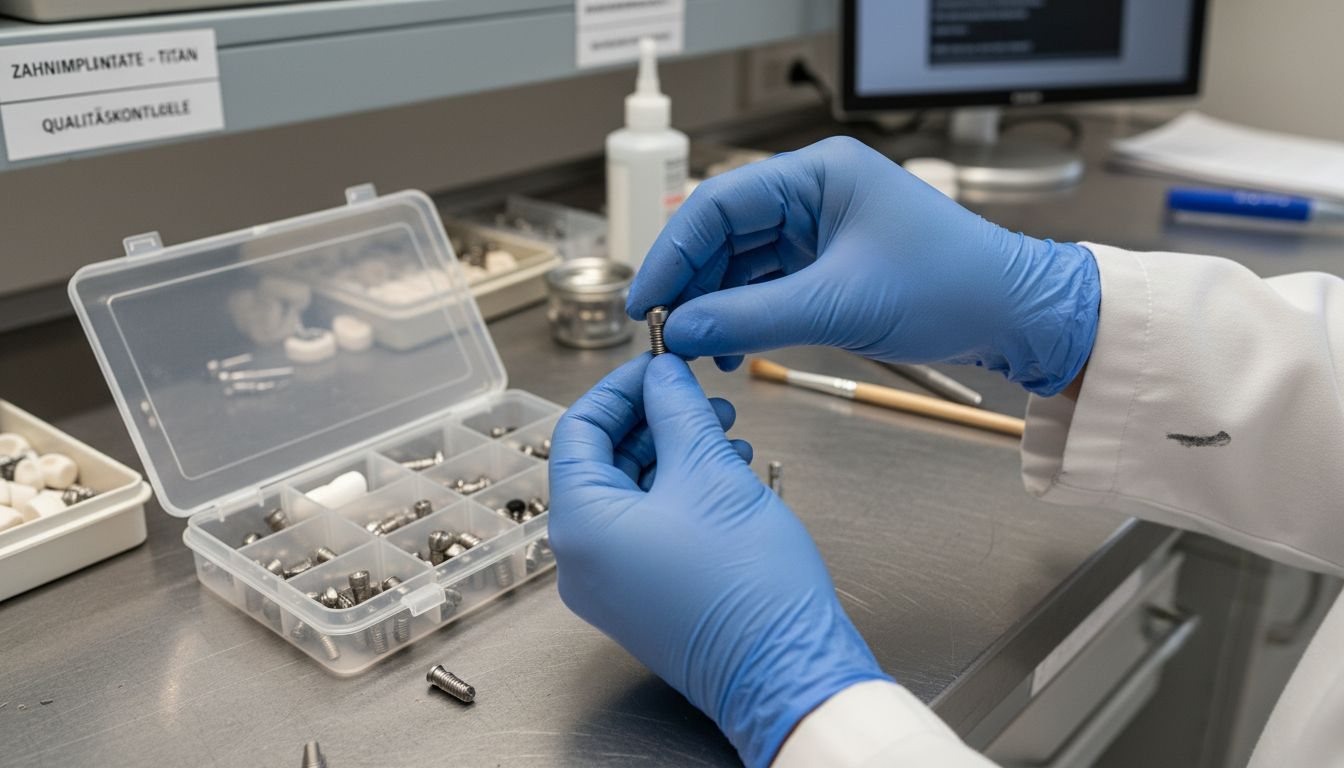 Im Labor wird ein Zahnimplantat aus Titan untersucht und gehalten.