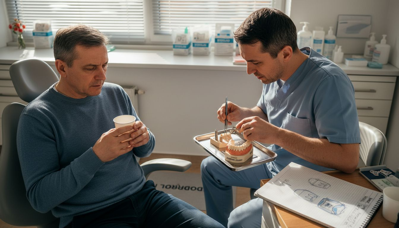 Zobozdravnik živčnemu pacientu pokaže implantat in mu razloži, kako bo potekal poseg.