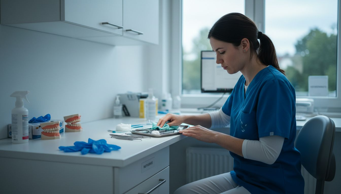 Die zahnmedizinische Fachangestellte bereitet das Implantatbesteck für den Eingriff vor.