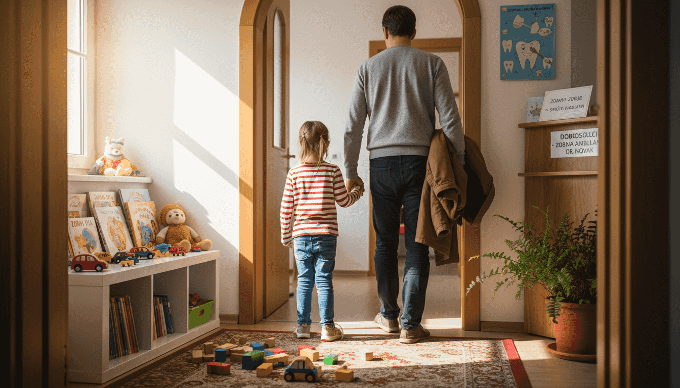 Otrok v spremstvu starša vstopi v ljubljansko zobozdravstveno ordinacijo.