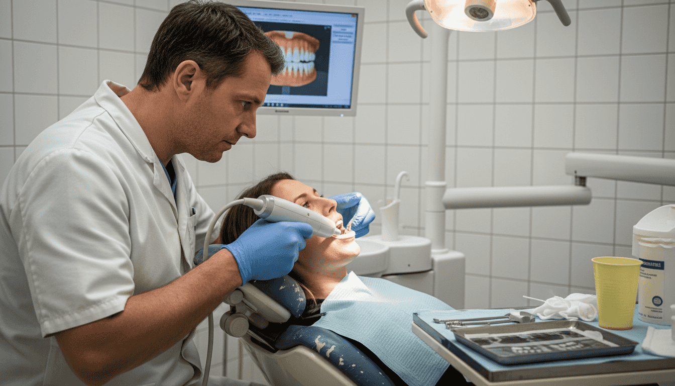 Eine zahnmedizinische Fachangestellte arbeitet mit einem modernen 3D-Intraoralscanner.