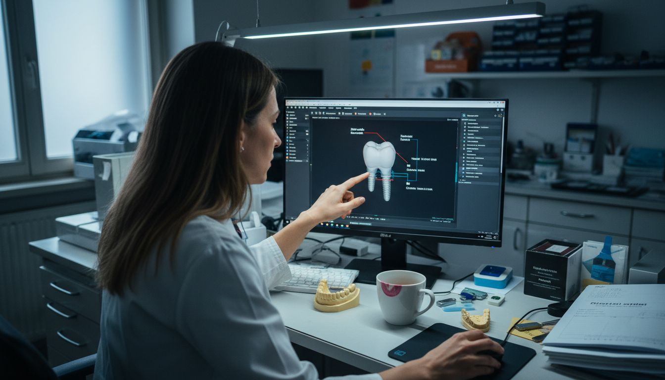 Zobotehnik s pomočjo digitalne tehnologije oblikuje zobni implantat.