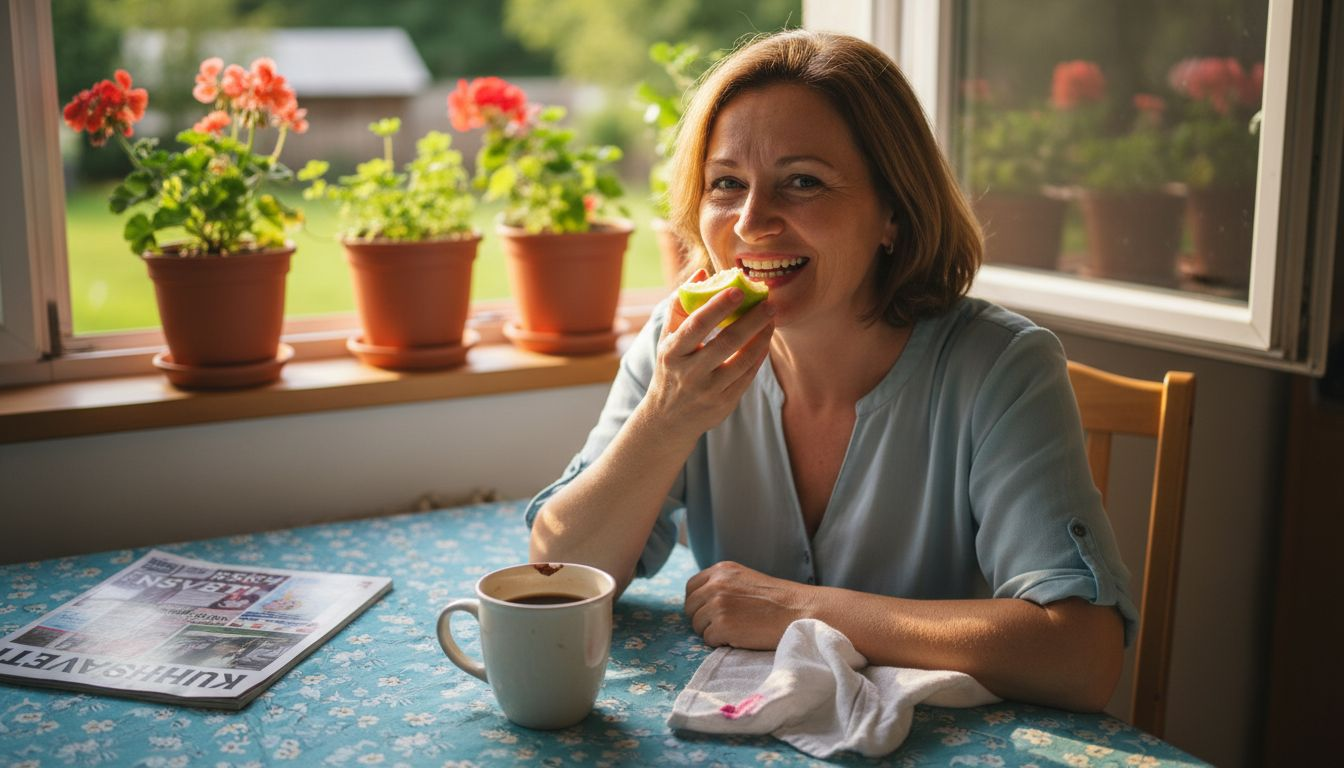 Ženska z nasmeškom ugrizne v jabolko, samozavestna po vstavitvi zobnega vsadka.