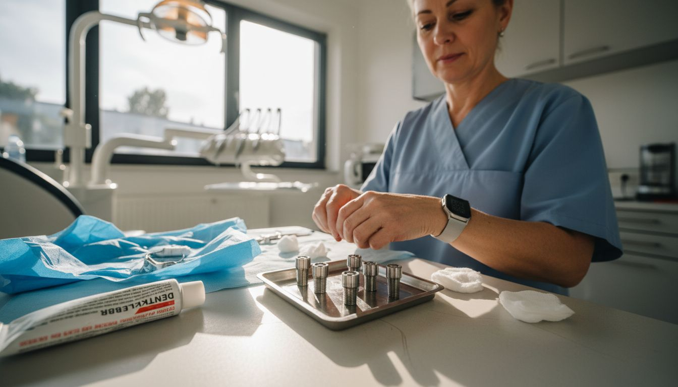 Eine zahnmedizinische Fachangestellte bereitet die Implantate für den bevorstehenden Eingriff vor.