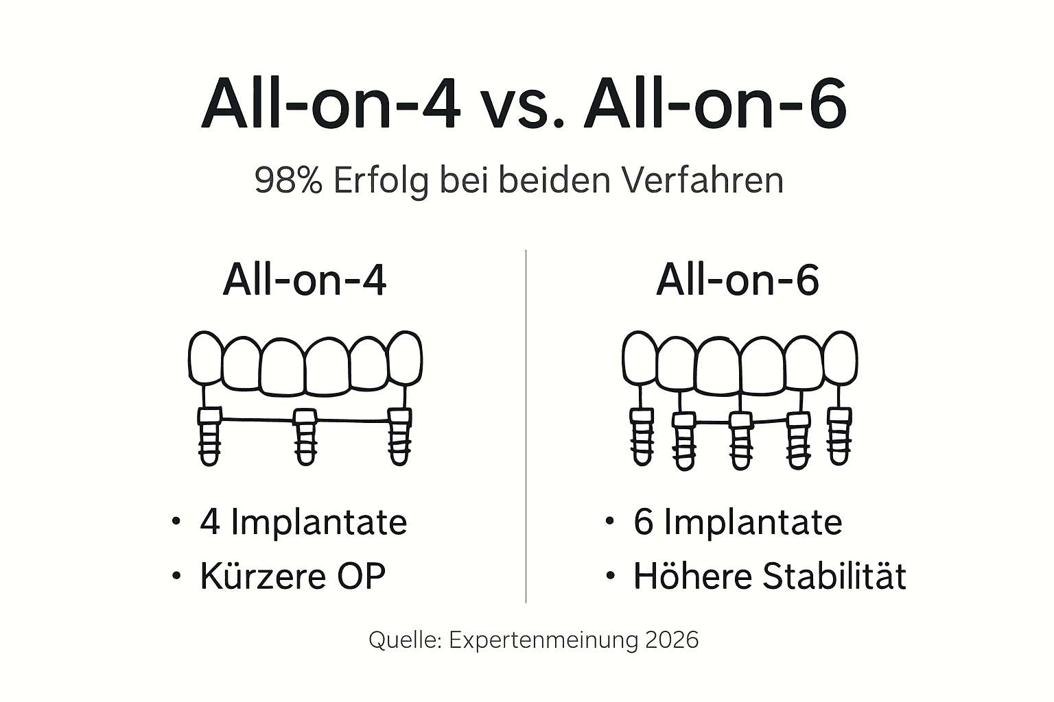 Übersichtsgrafik: All-on-4 vs. All-on-6 Implantate im direkten Vergleich