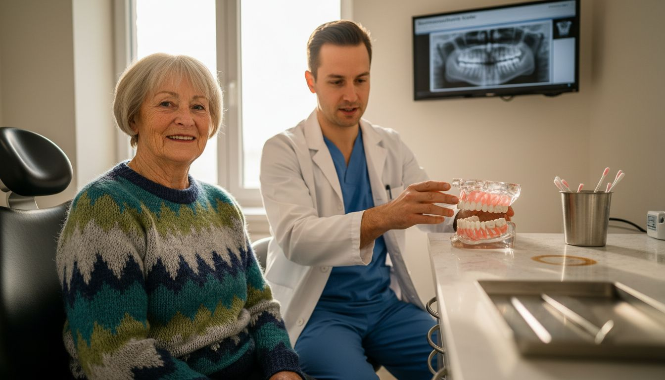 Der Zahnarzt zeigt einer lächelnden Patientin anschaulich das Modell des Kieferknochens und erklärt dabei verständlich die wichtigsten Details.