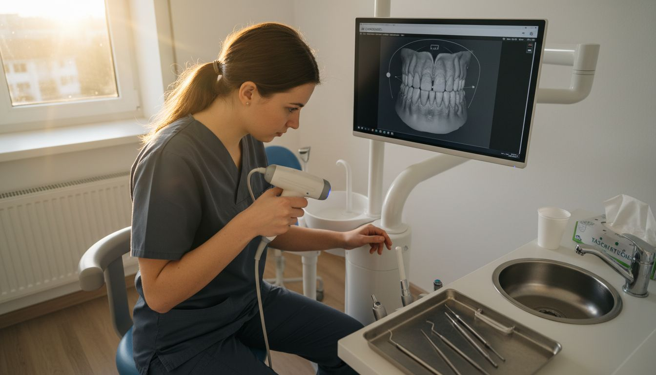 In der Zahnarztpraxis arbeitet die zahnmedizinische Fachangestellte mit einem Intraoralscanner.