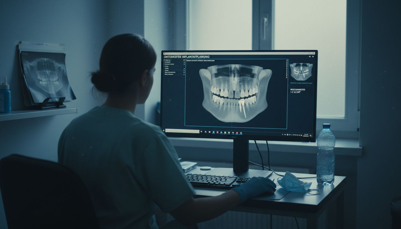 Ein Chirurg analysiert am Bildschirm eine dreidimensionale Simulation für Zahnimplantate.