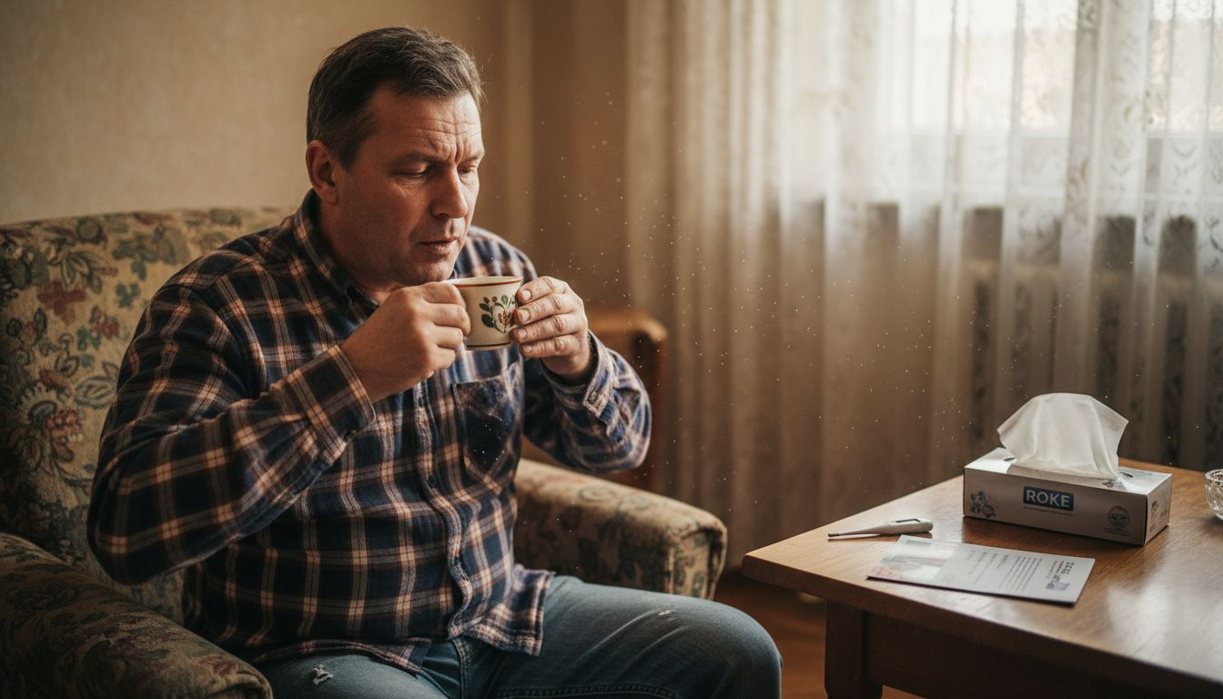 Moški si po vstavitvi zobnega implantata izpira usta.