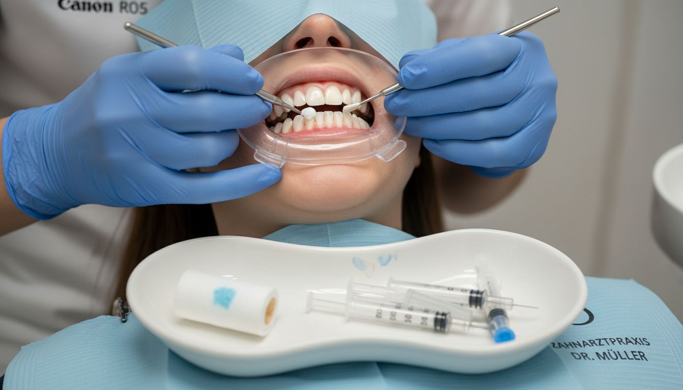 Mit Handschuhen wird vorsichtig ein Bleaching-Gel auf die Zähne aufgetragen.