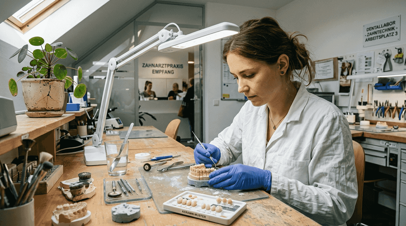 Ein Zahntechniker prüft im Labor die Qualität von Keramikkronen.