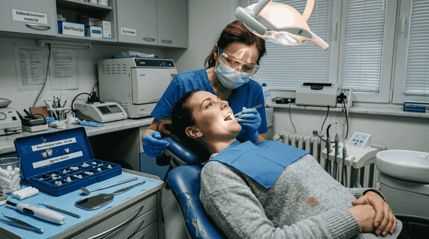 Zobni tehnik namešča porcelansko lusko odrasli pacientki.
